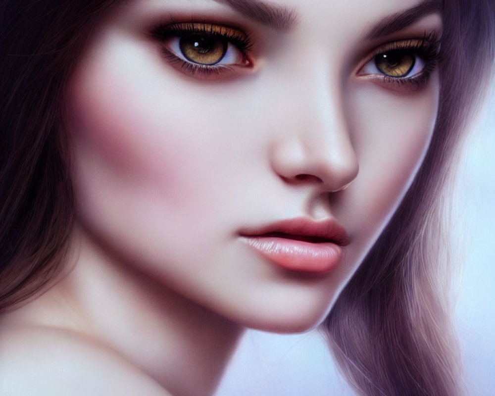 Close-up of digital artwork: Woman with brown eyes, distinct eyelashes, subtle blush, glossy lips