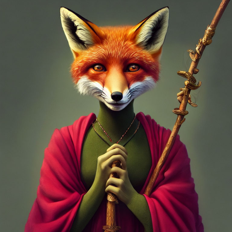 Anthropomorphic fox in red cloak with staff on muted background