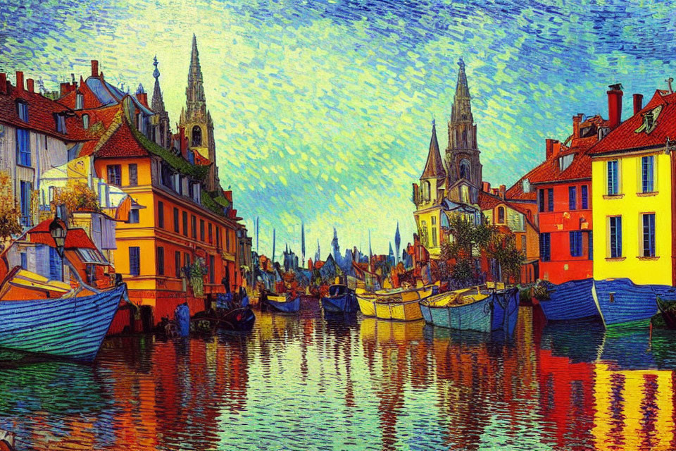 Colorful Impressionist Painting of Riverfront Scene with Boats and Traditional Houses