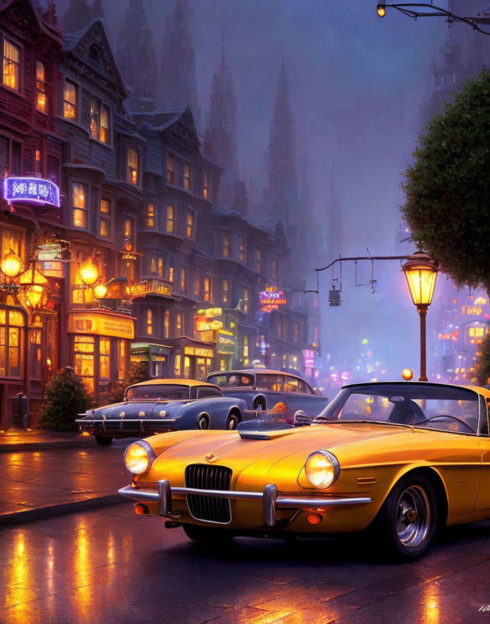 Vintage cars, illuminated signs, and Gothic-style buildings in a vibrant dusk street scene