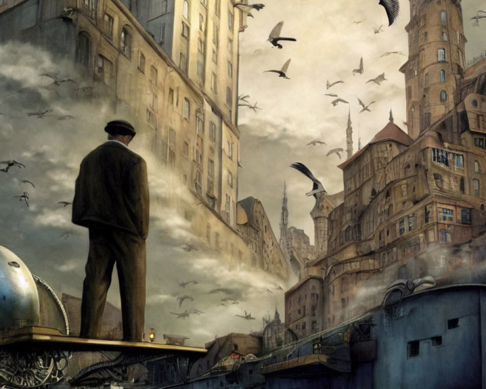 Giant man in surreal cityscape with birds and old buildings by river