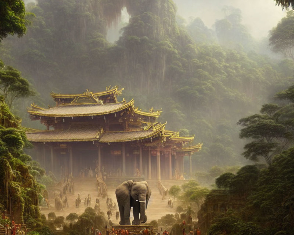 Majestic elephant in front of ancient temple in lush forest
