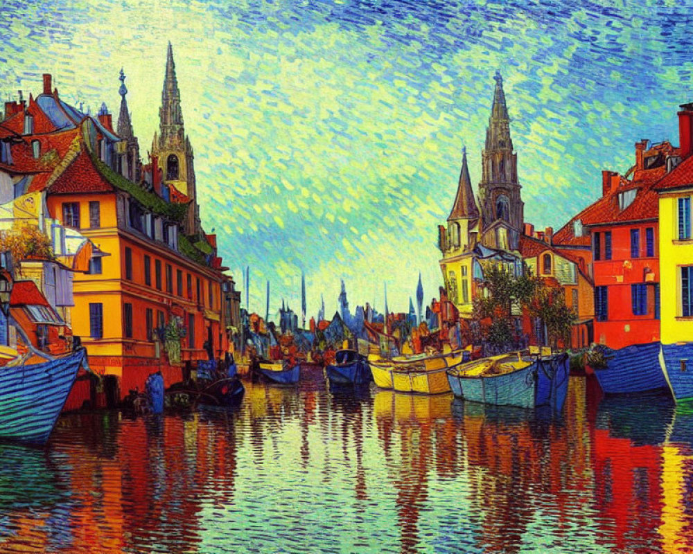 Colorful Impressionist Painting of Riverfront Scene with Boats and Traditional Houses