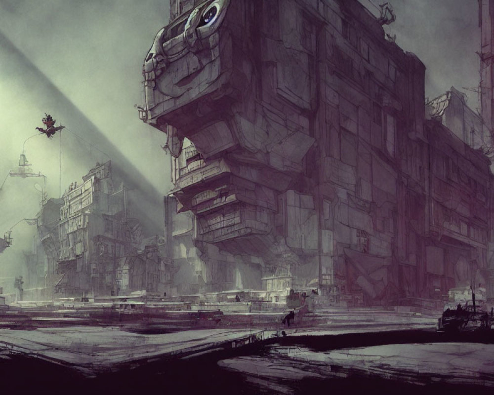 Dystopian cityscape with giant mech and jetpack figure