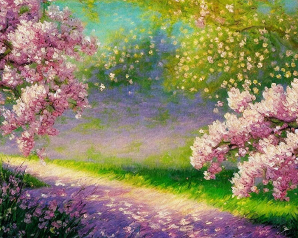 Vibrant painting of pink cherry trees in a blossoming garden