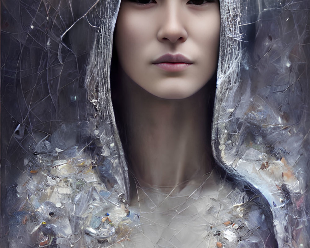 Ethereal woman portrait in translucent ice-like material
