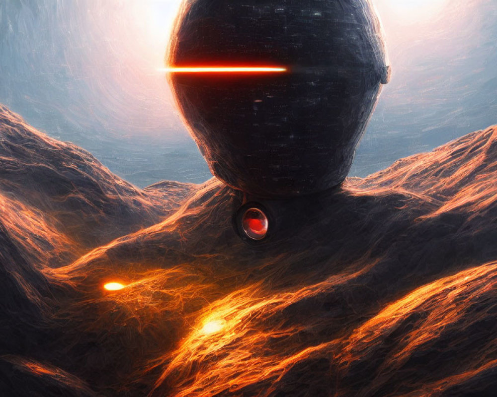Spherical spaceship with red glowing line above fiery landscape