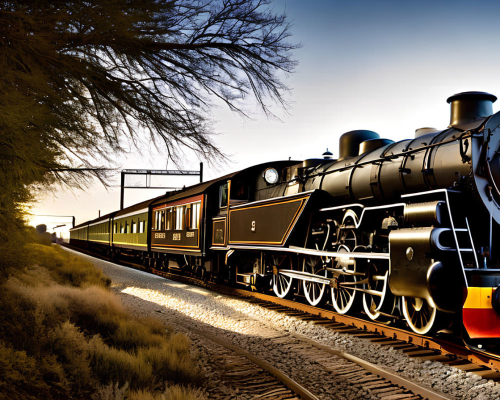 Classic Steam Locomotive Pulling Passenger Cars at Sunset
