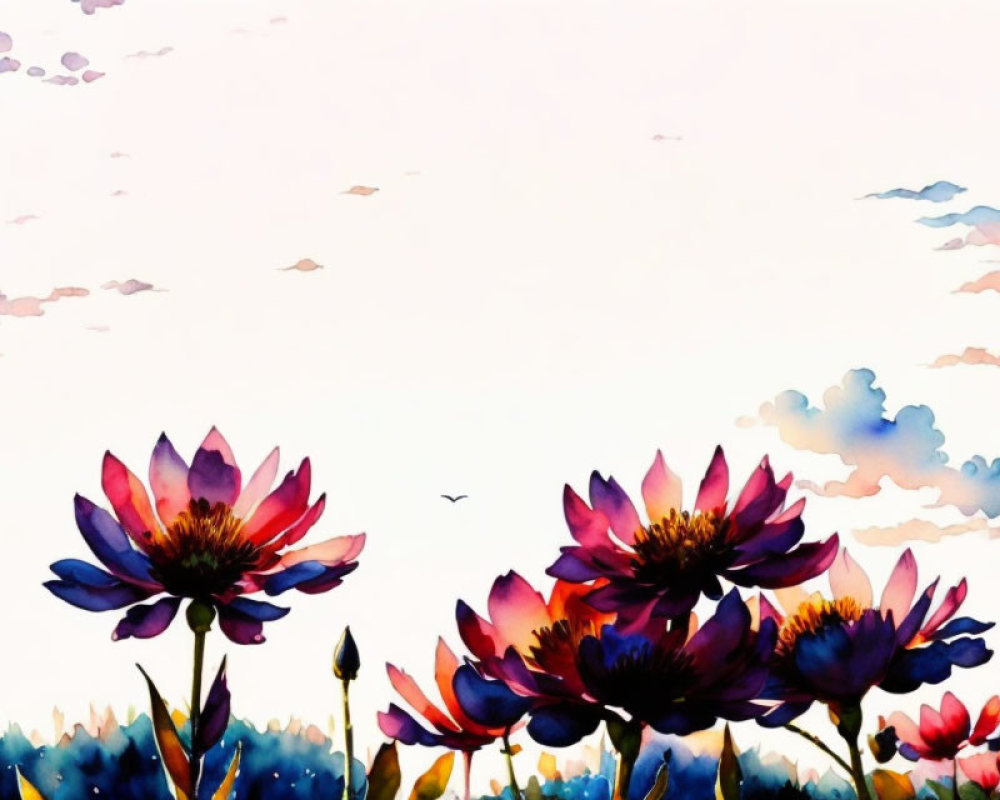 Vibrant flowers and bird in watercolor painting.