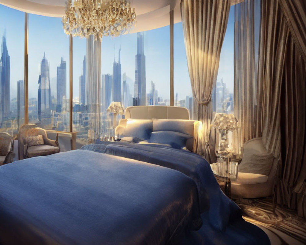 Spacious bedroom with large bed, chandelier, city view windows, curtains, soft lighting