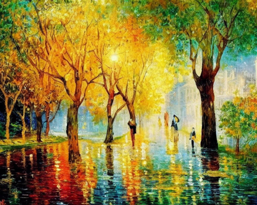 Serene park scene: Vibrant oil painting of autumn trees and silhouettes