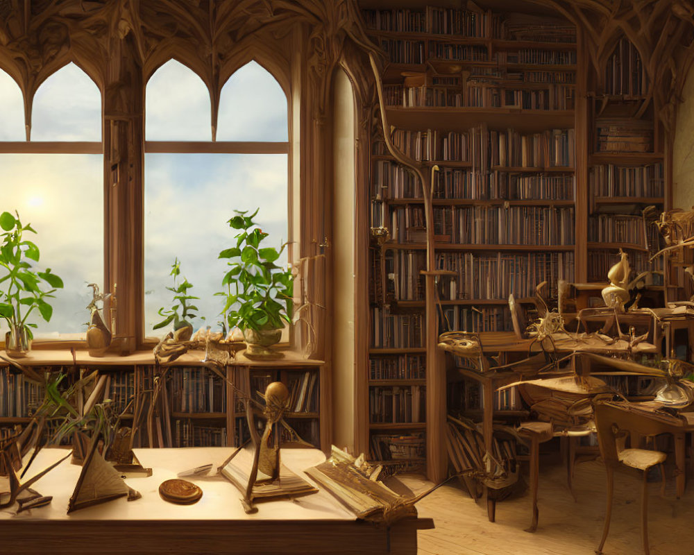 Sunlit Study with Towering Bookshelves & Gothic Window Decor
