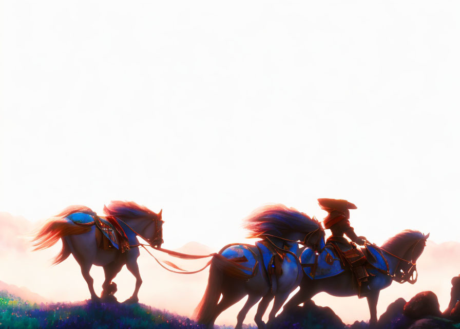 Silhouetted Person Leading Horses at Vibrant Sunset