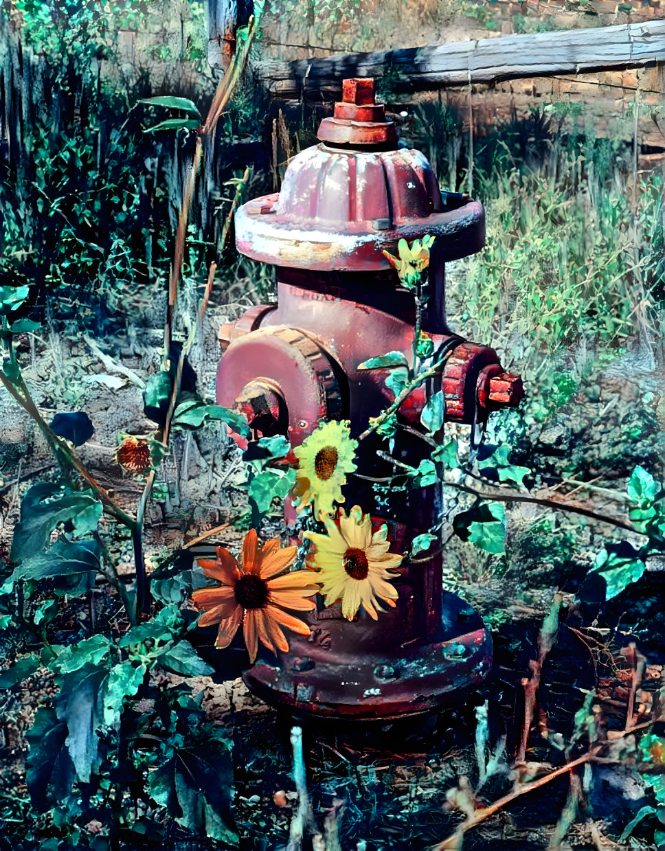 Fire hydrant and sunflowers