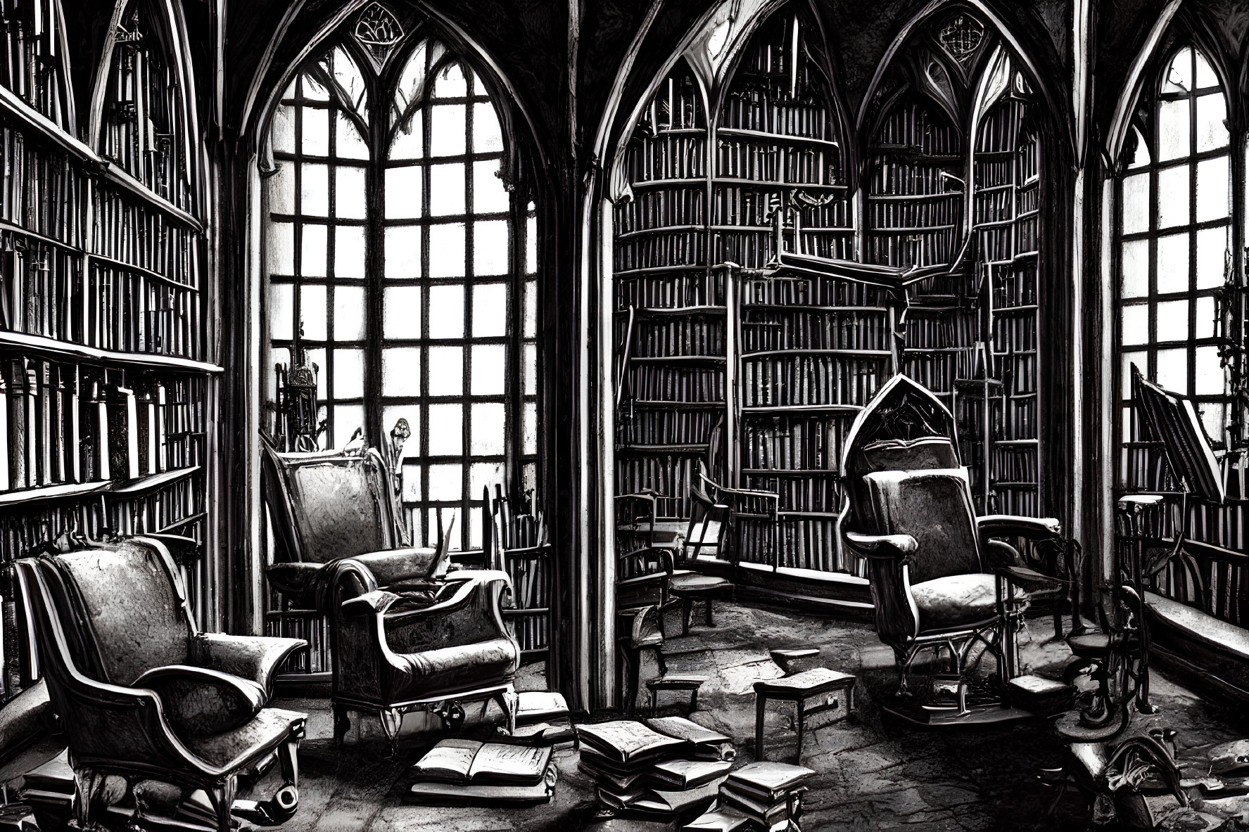 Monochrome gothic-style library illustration with tall windows and book-filled shelves