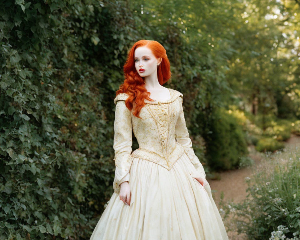 Red-Haired Woman in Vintage Cream Dress in Green Forest Pathway