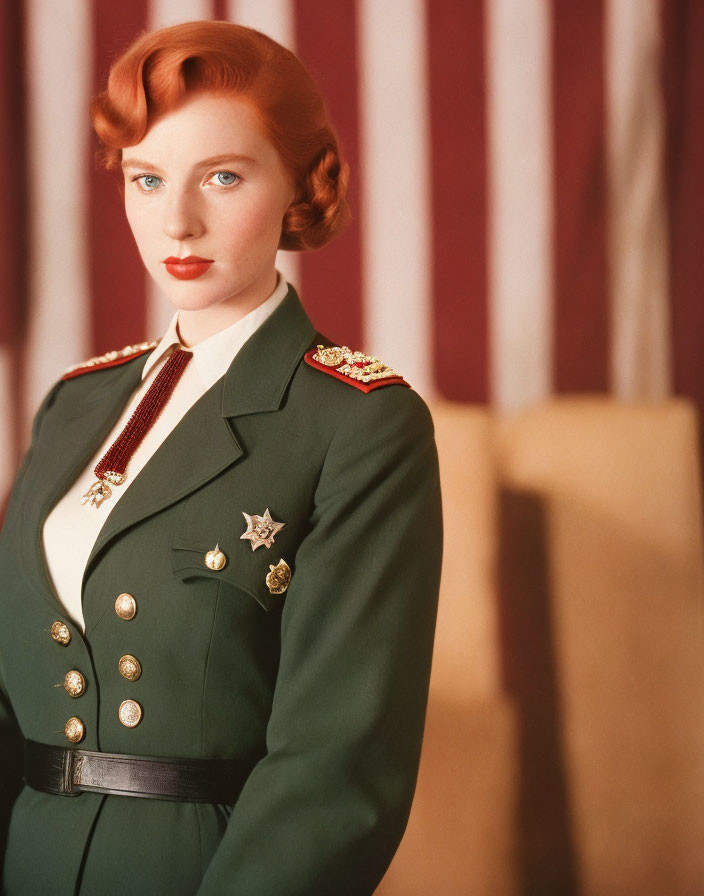 Military woman in uniform with star badge poses against red curtain in vintage style