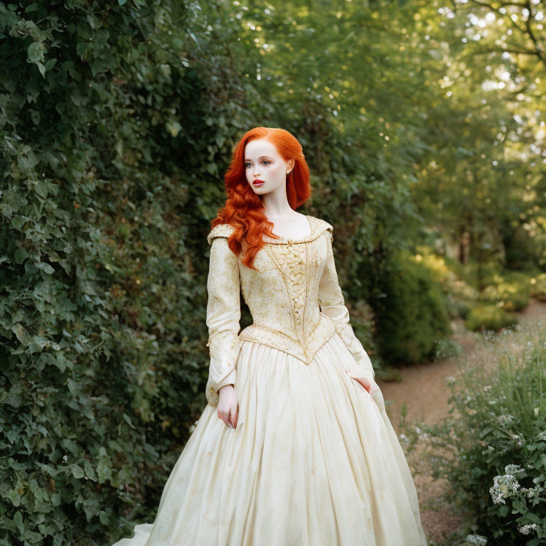 Red-Haired Woman in Vintage Cream Dress in Green Forest Pathway