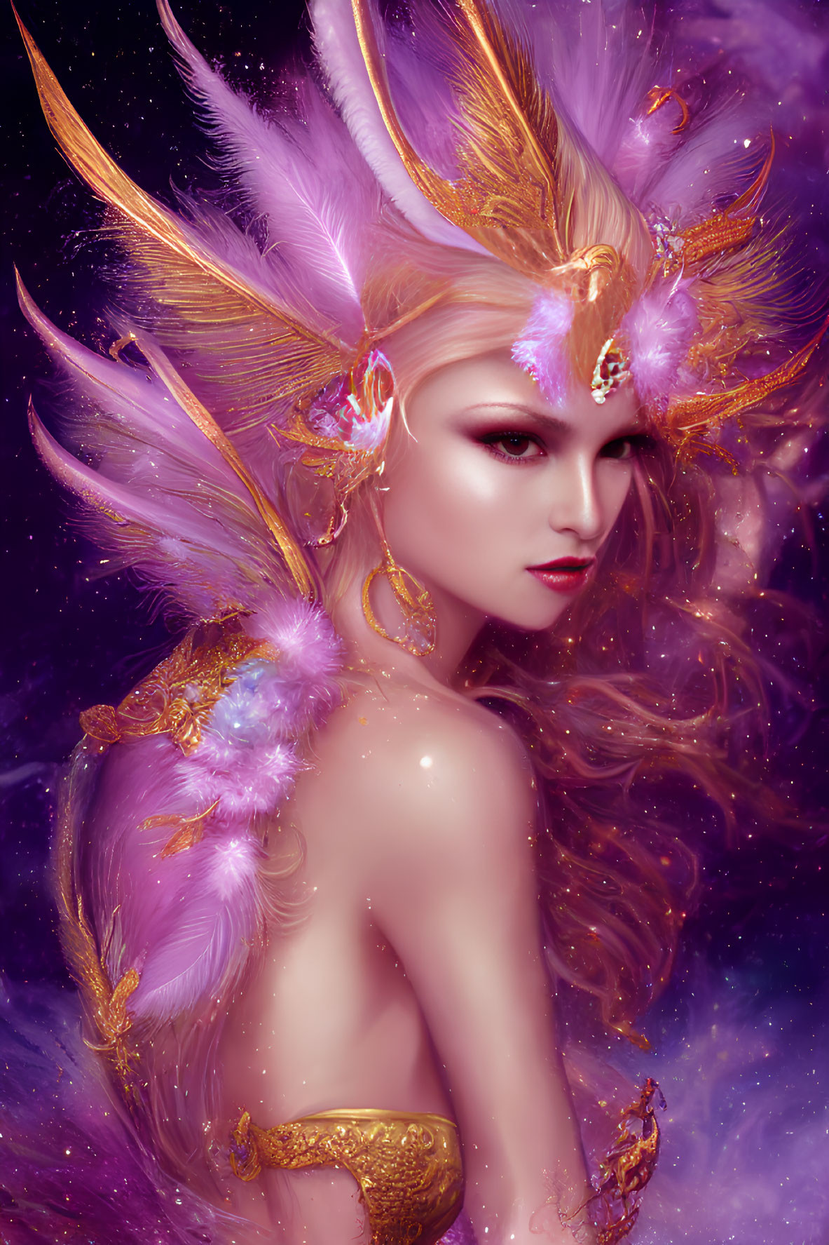 Golden headdress and feathers on ethereal being in starry backdrop