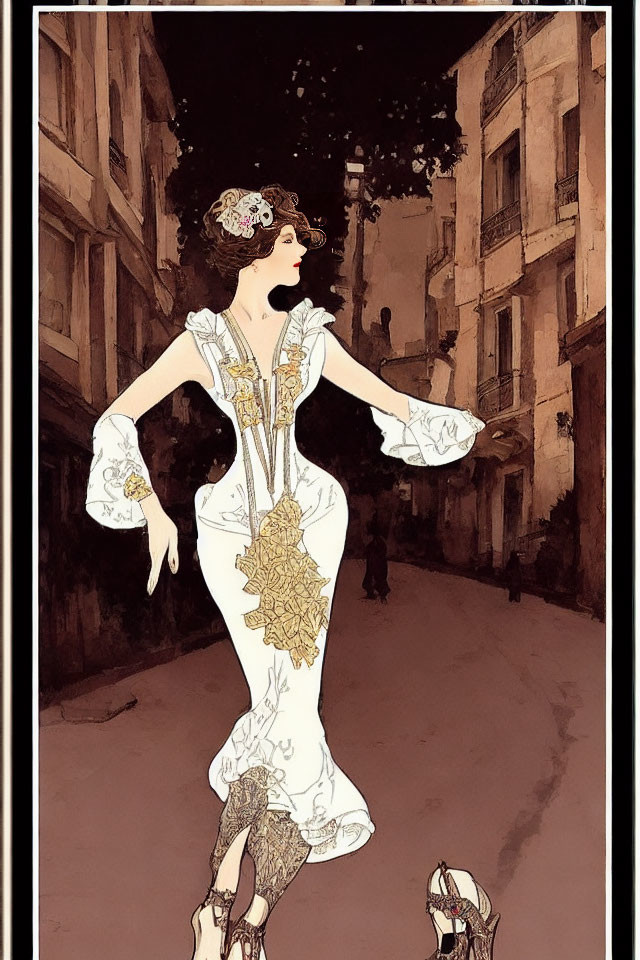 Woman in elegant white and gold vintage dress walking on cobblestone street