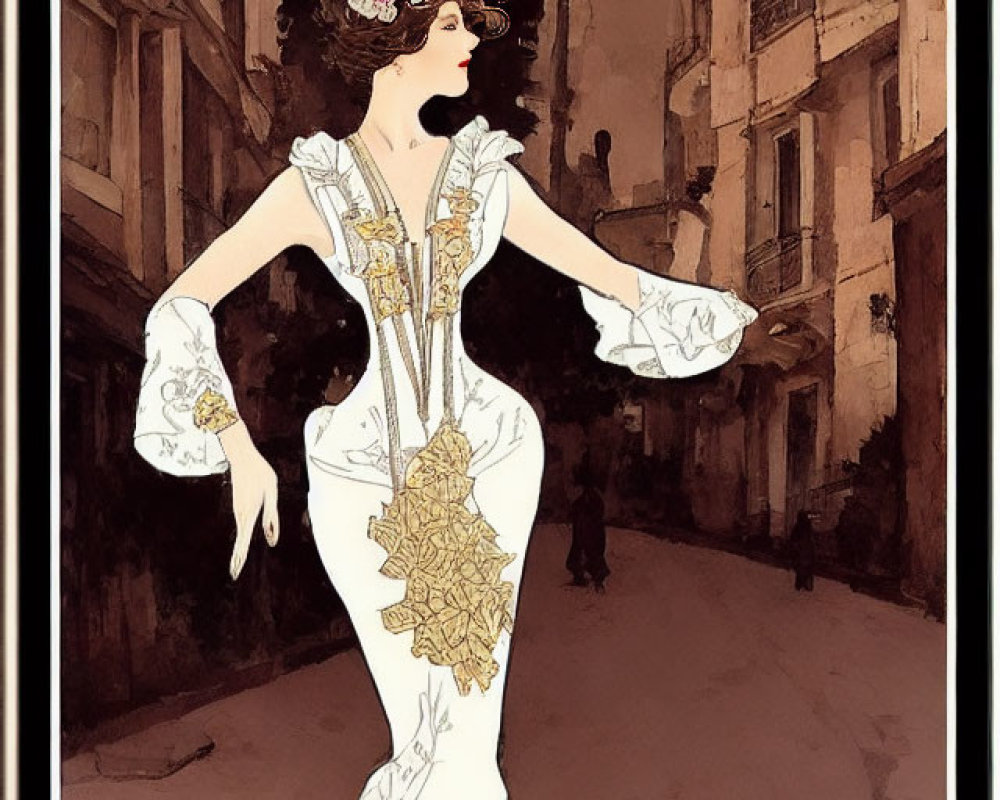 Woman in elegant white and gold vintage dress walking on cobblestone street