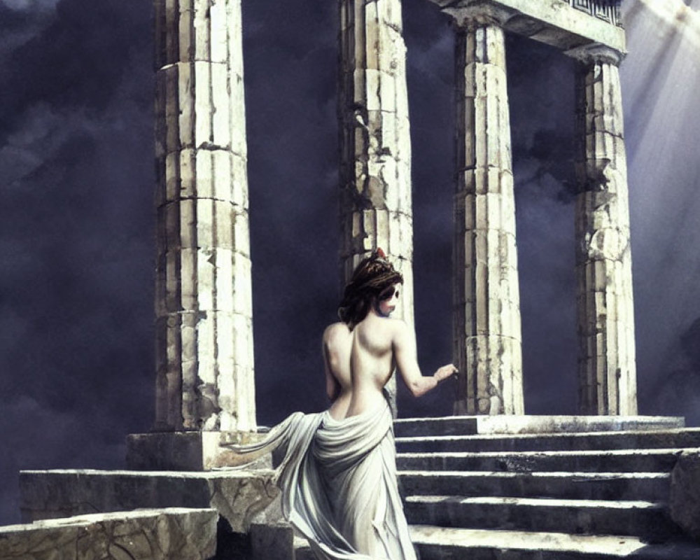 Woman in white toga climbs ancient stone steps near columned ruins under dramatic sky