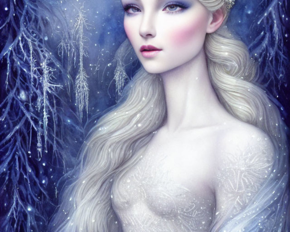 Pale woman with crystal crown in wintry setting