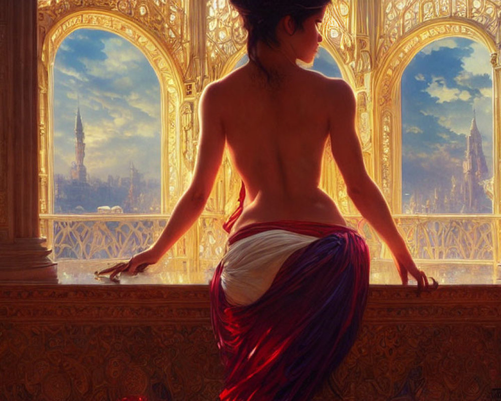 Woman admires golden sunset through ornate window in fantasy cityscape.