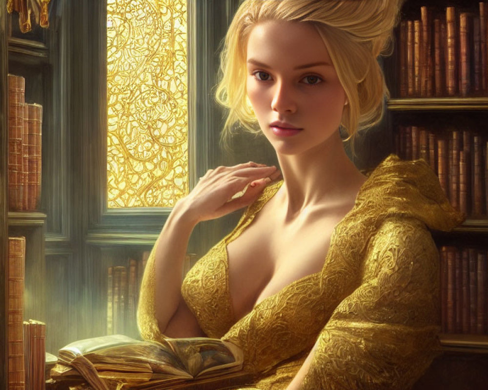 Blonde woman in golden dress by bookshelf in sunlight