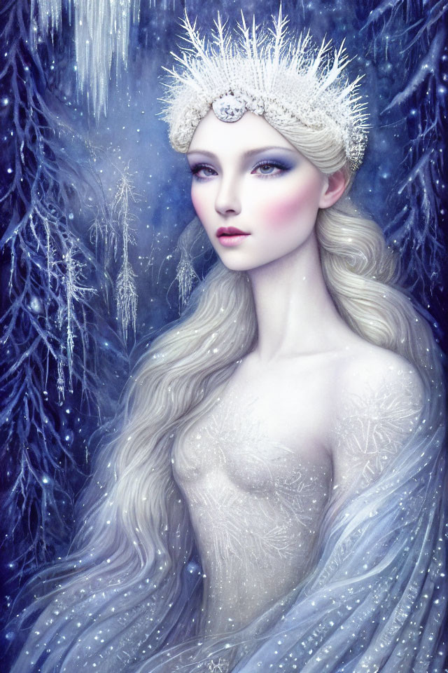 Pale woman with crystal crown in wintry setting