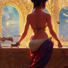 Woman admires golden sunset through ornate window in fantasy cityscape.