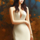 Woman in white dress against autumn background with soft lighting & warm colors