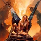 Fantasy illustration of winged female with silver hair and fiery wings