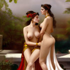 Two women in classical garb embrace near a fountain amidst lush foliage.
