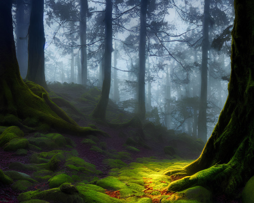 Sunlit mystical forest with ancient trees and moss-covered ground