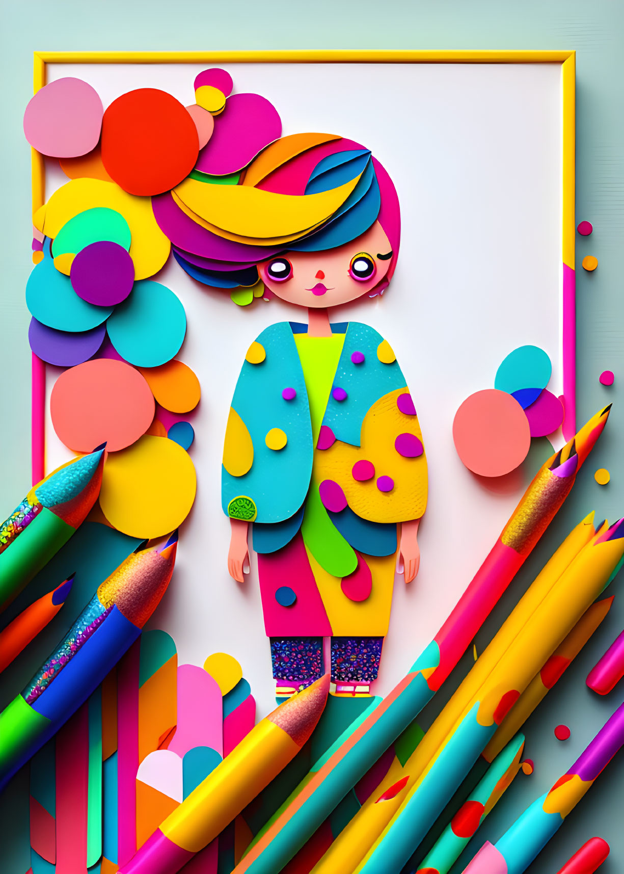 Colorful 3D illustration of stylized girl with oversized pencils in vibrant setting