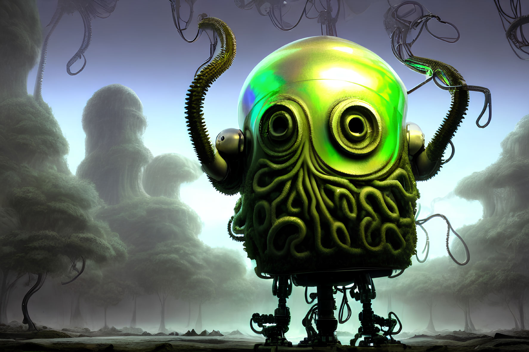 Glowing green robotic octopus in misty forest with vines