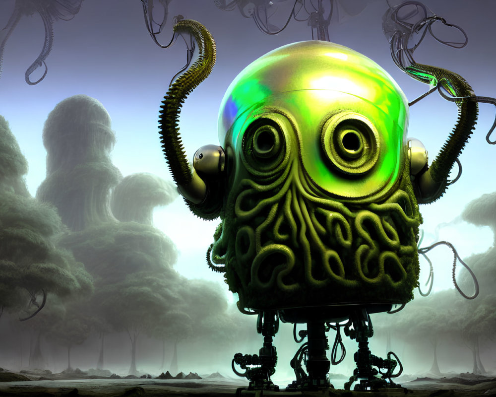 Glowing green robotic octopus in misty forest with vines