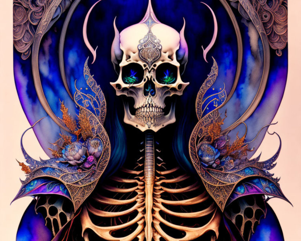 Detailed Skeleton Illustration with Ornate Skull and Intricate Patterns in Deep Purple Hues