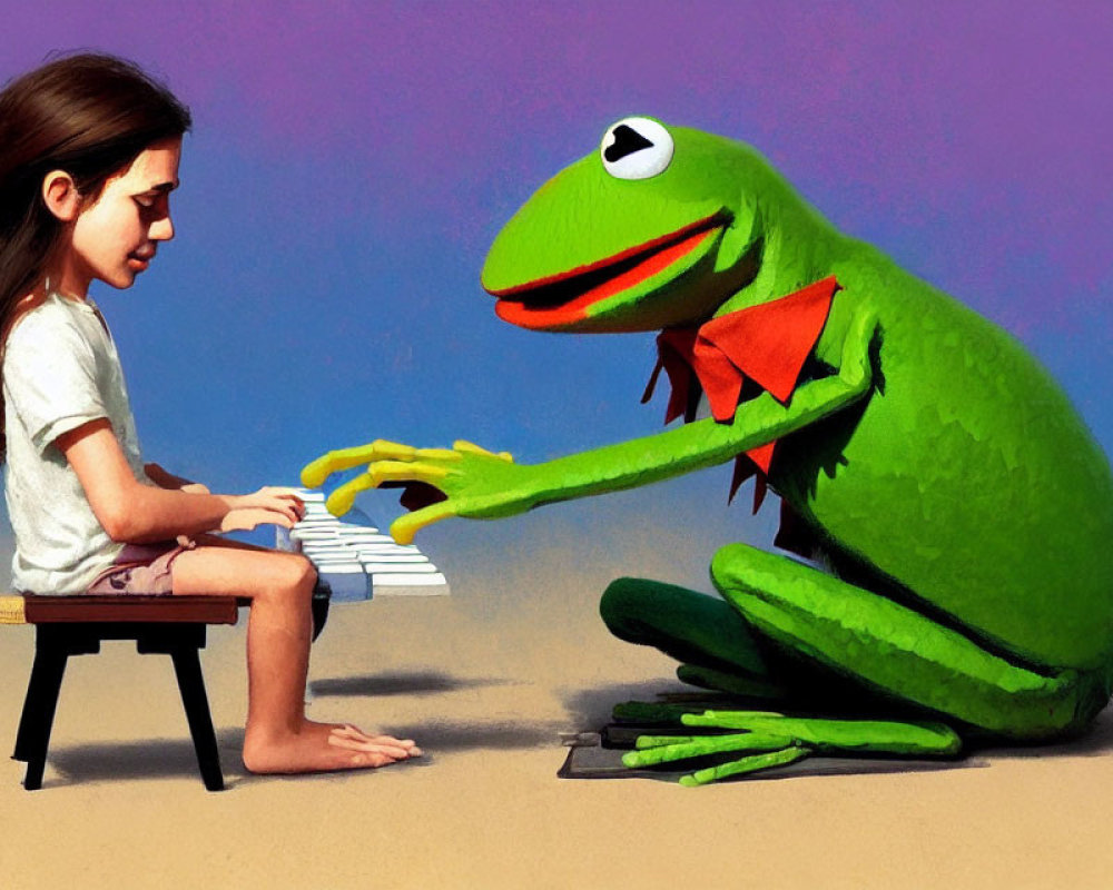 Girl and Kermit playing piano duet with contrasting expressions