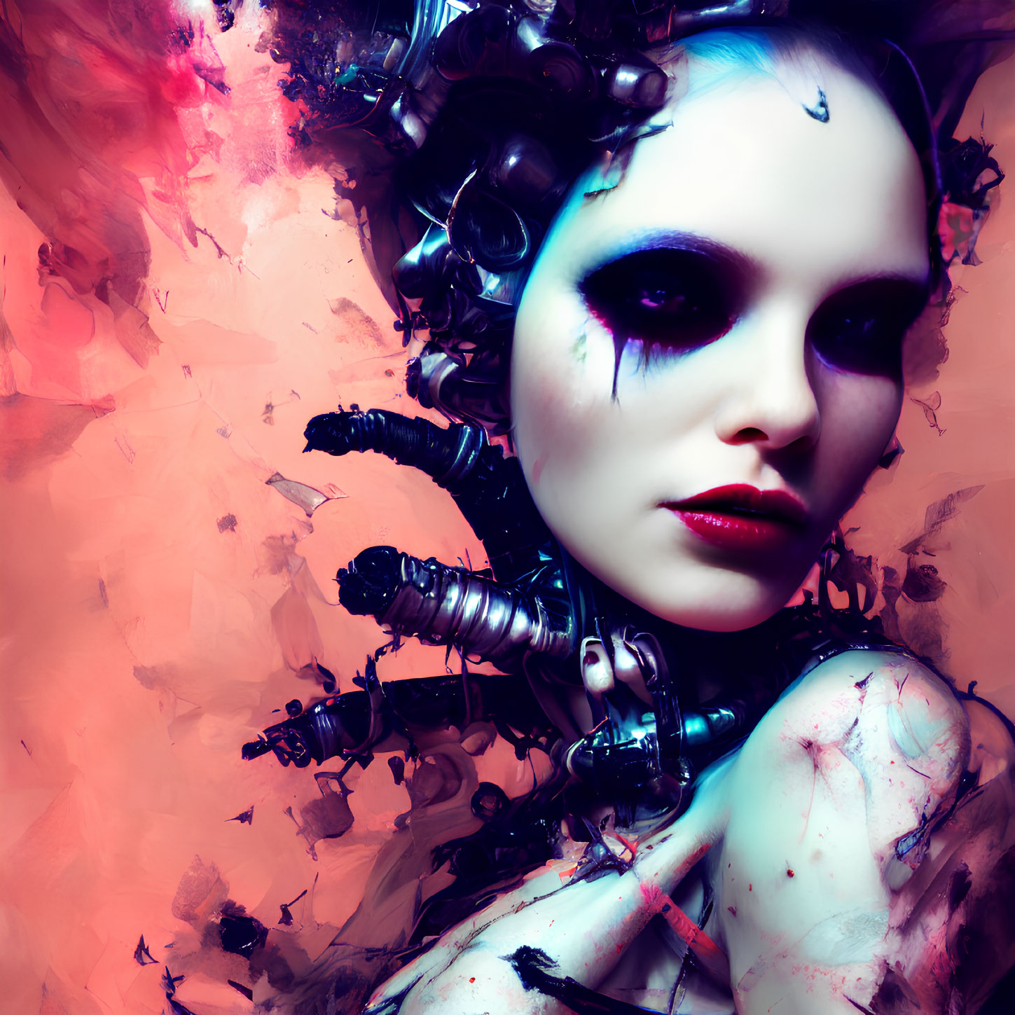 Cyberpunk-inspired portrait with mechanical parts and vivid color splashes