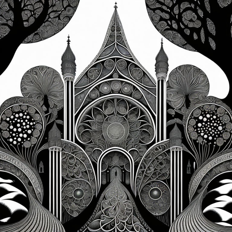 Detailed black and white symmetrical ornate architectural illustration with spires, arches, and stylized