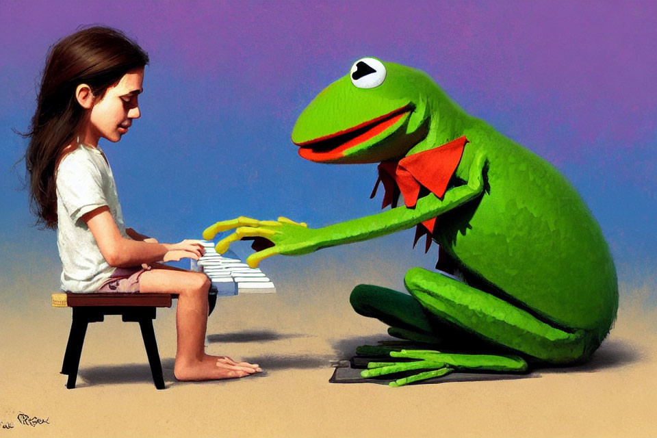 Girl and Kermit playing piano duet with contrasting expressions