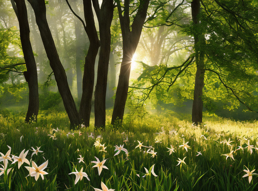 Verdant forest scene with sunlight filtering through wild flowers