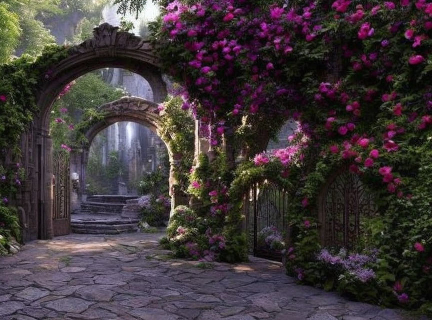 Ancient Stone Archway Covered in Purple Flowers in Serene Garden