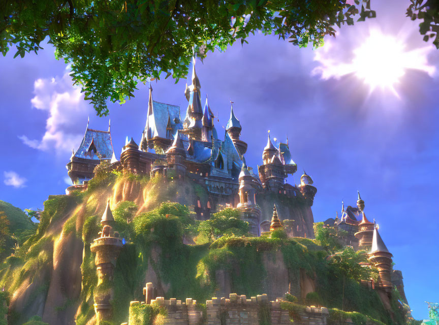 Magical castle on lush hilltop under clear blue sky