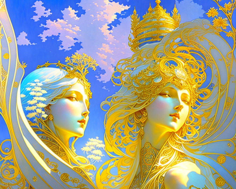 Ethereal figures with golden headpieces in intricate blue backdrop