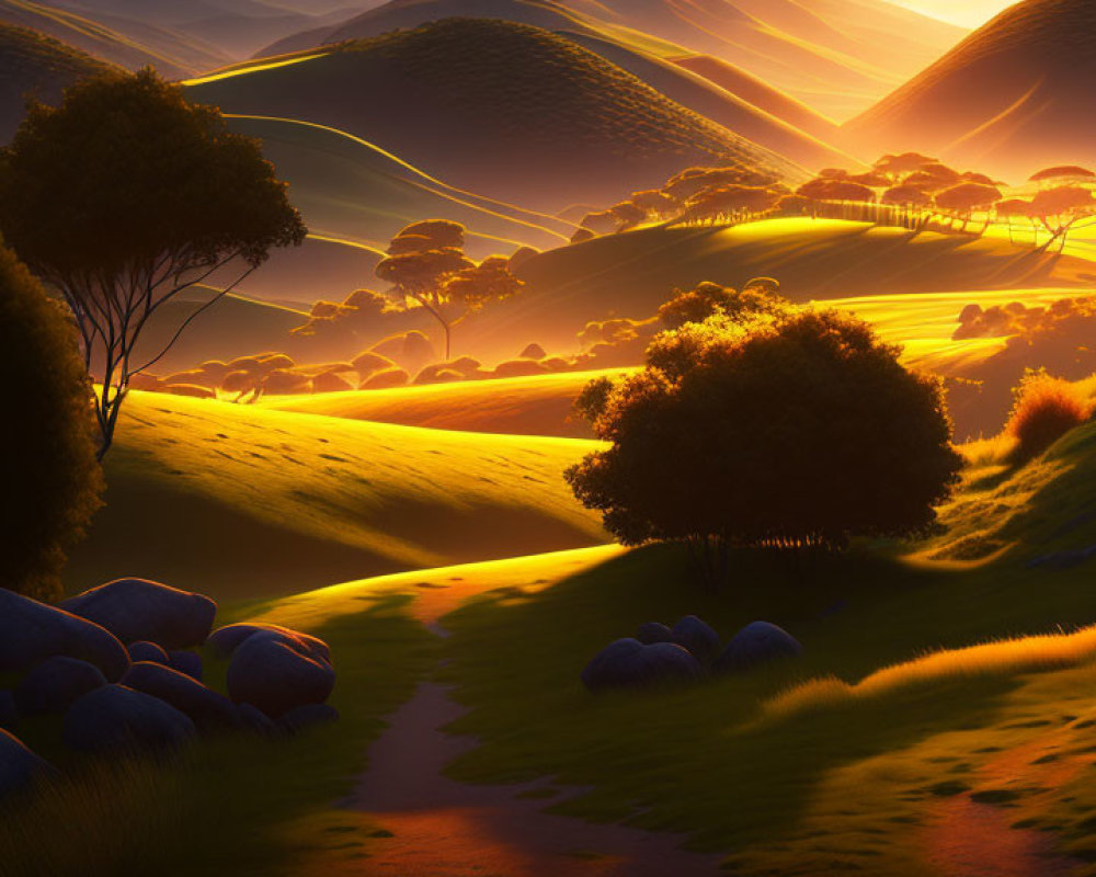 Tranquil sunrise landscape with rolling hills and silhouetted trees