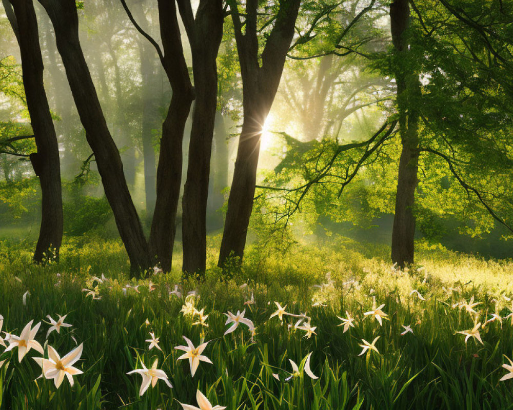 Verdant forest scene with sunlight filtering through wild flowers