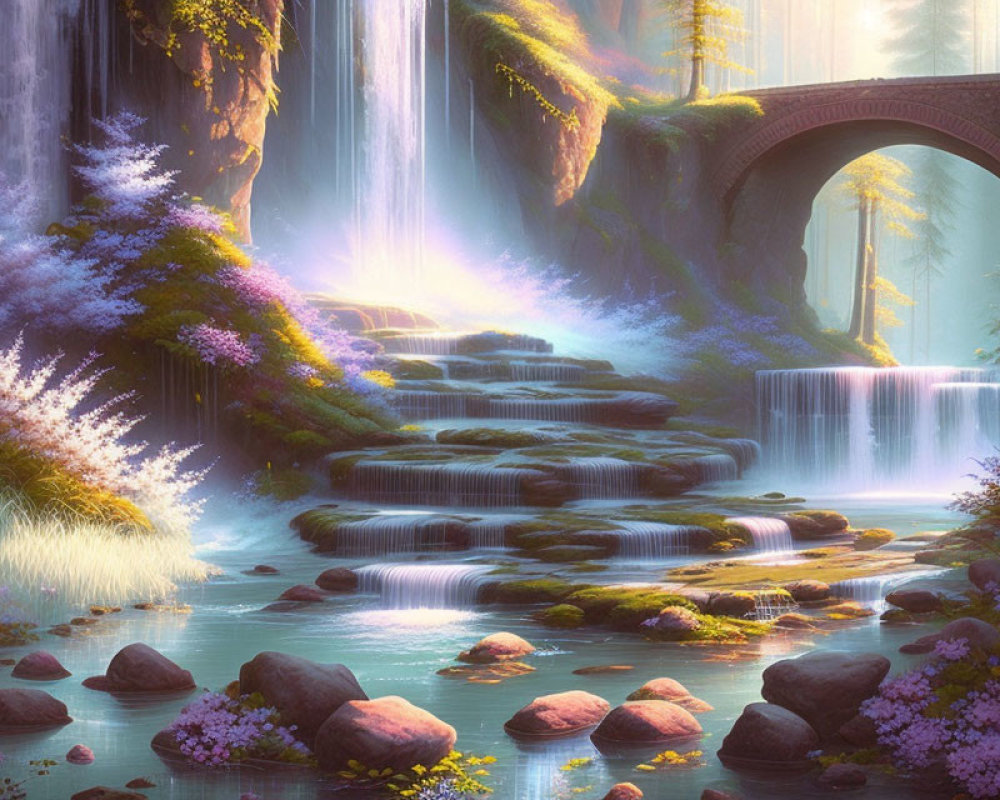 Majestic landscape with waterfalls, stone bridge, and purple flowers